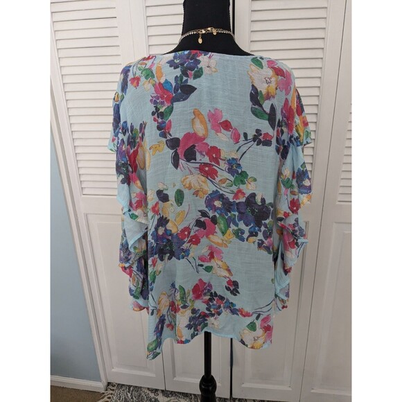Zac & Rachel Blouse Womens 3X Aqua Floral Top Flutter Sleeve Ruffle Lightweight - Picture 9 of 13